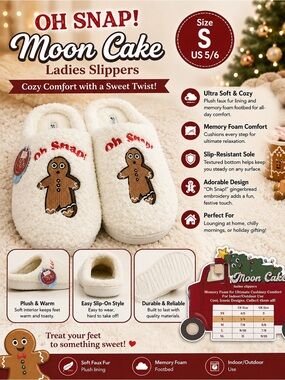 Snap Moon Cake Ladies Slippers - Cream Cozy Gingerbread Design